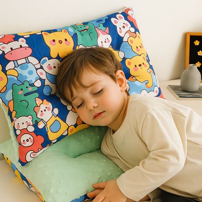 Oreiller enfant petit garçon dort sur côté