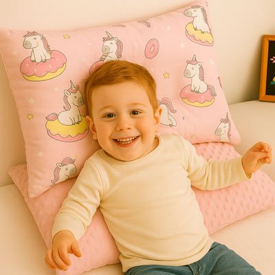 Oreiller enfant souriant adossé confortablement