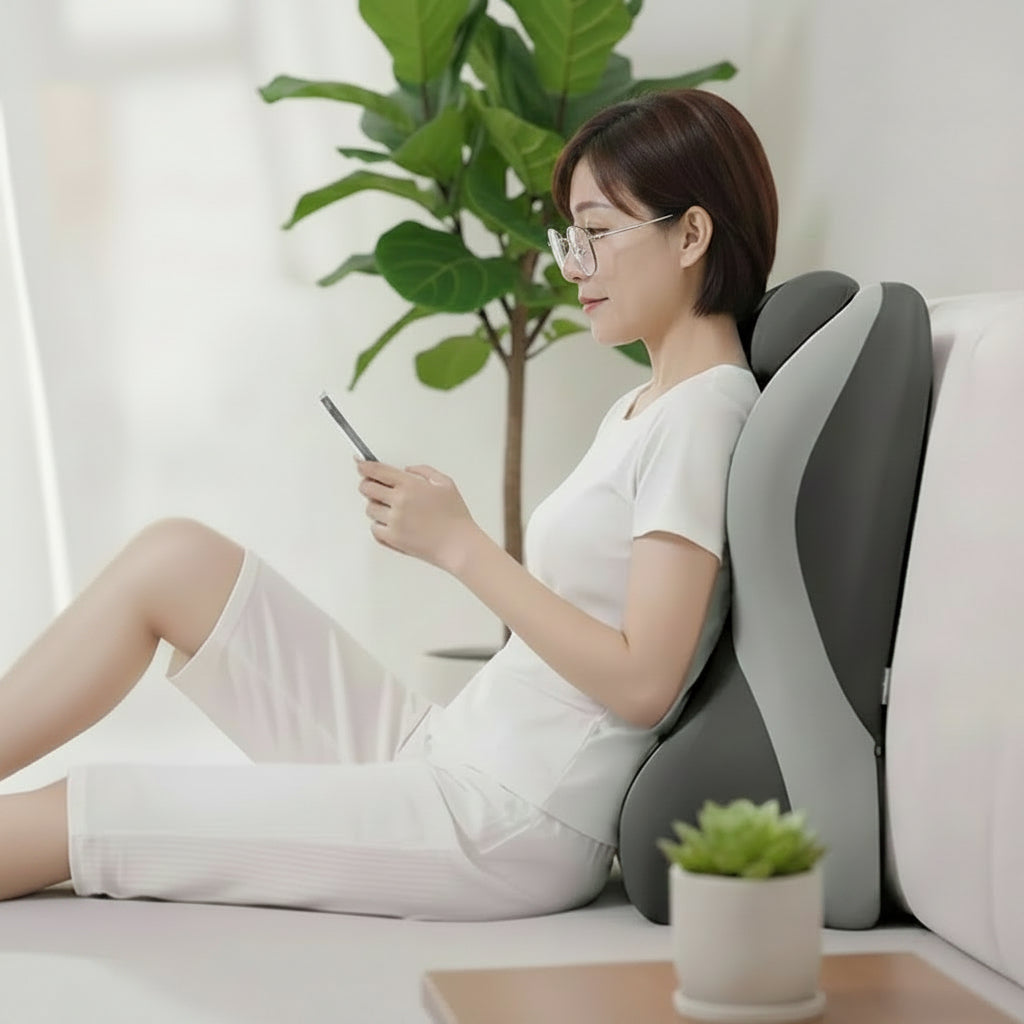 Oreiller ergonomique cervical femme adossée regarde portable