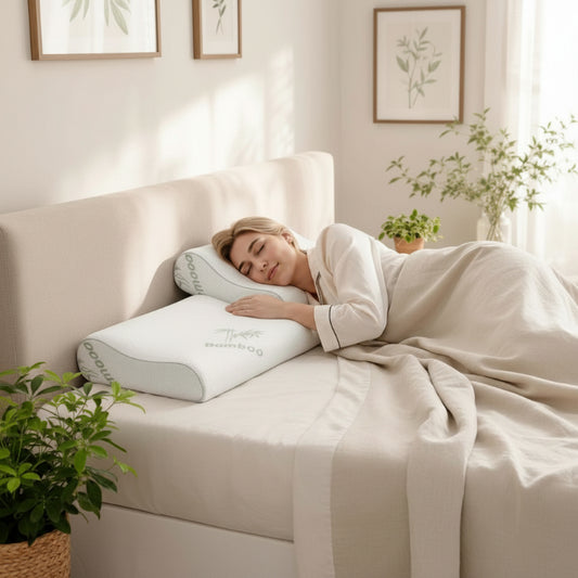 Oreiller ergonomique cervical femme couchée chambre zen