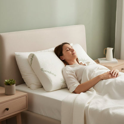 Oreiller ergonomique cervical femme couchée mains sur ventre