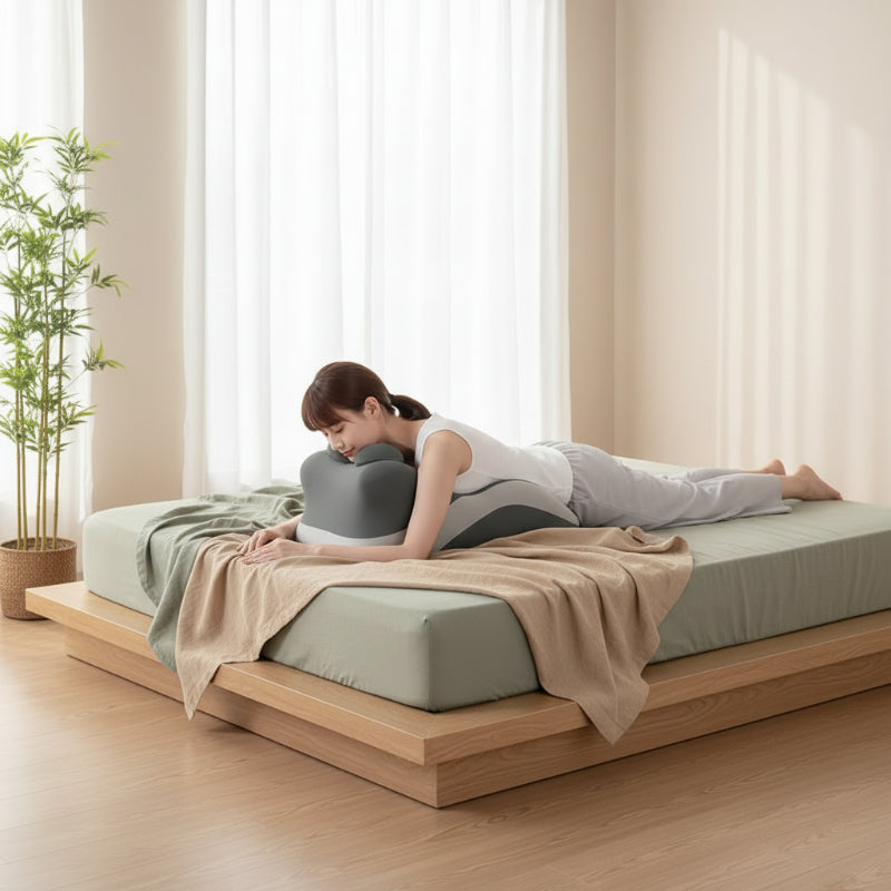 Oreiller ergonomique cervical femme couchée sur ventre chambre zen