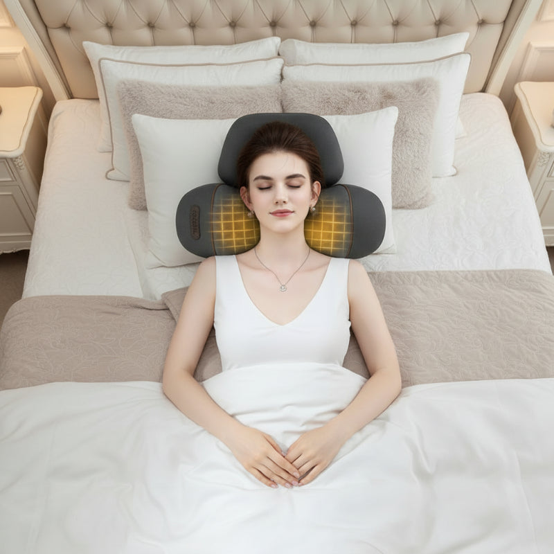 Oreiller mémoire de forme cervical femme couchée apaisée