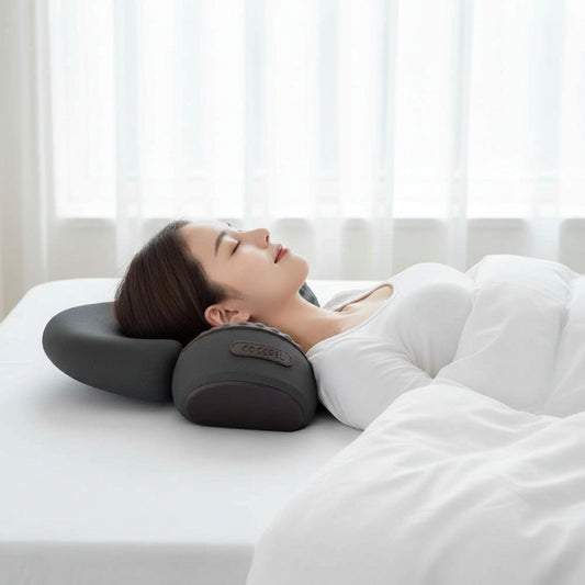 Oreiller mémoire de forme cervical femme couchée souriante