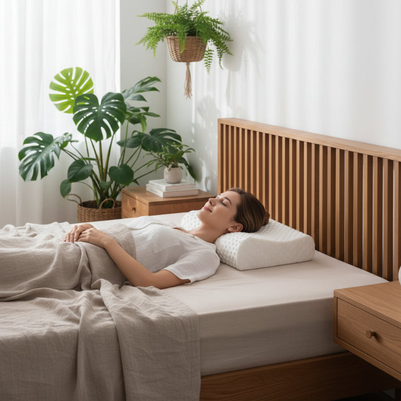 Oreiller mémoire de forme cervical femme couchée zen