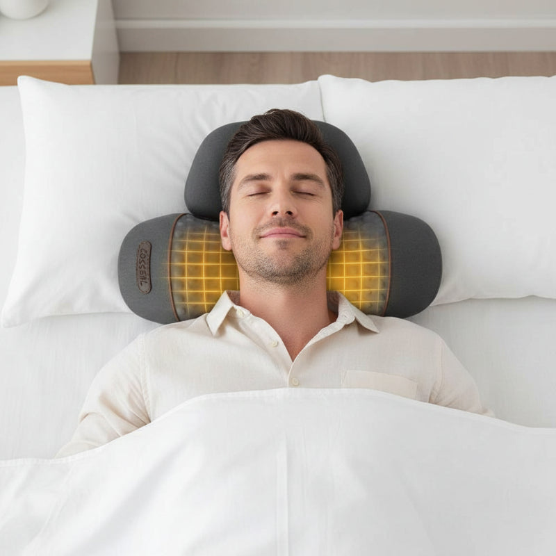 Oreiller mémoire de forme cervical homme couché heureux