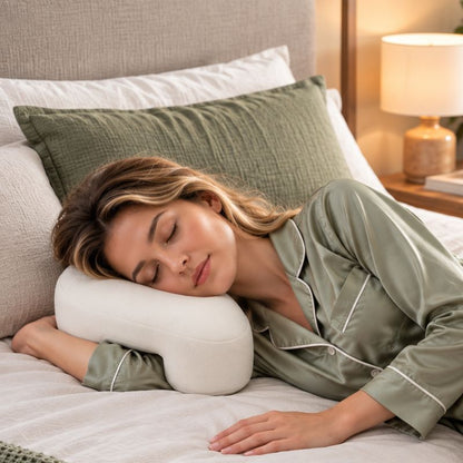 Oreiller mémoire de forme cervicale femme couchée apaisée