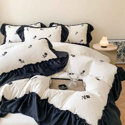 Parure de lit 220 x 240 blanc volant rose zoom