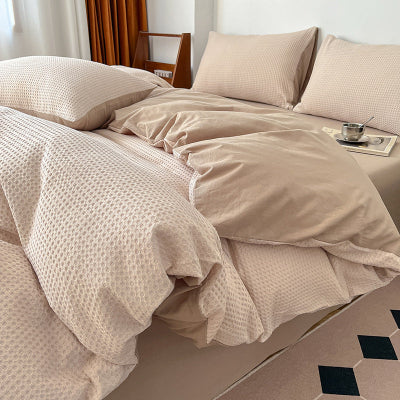 Parure de lit 220 x 240 coton gaufré beige vue côté