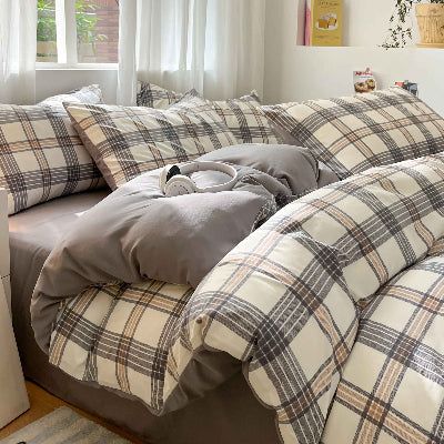 Parure de lit 220 x 240 tartan beige taupe gris noir