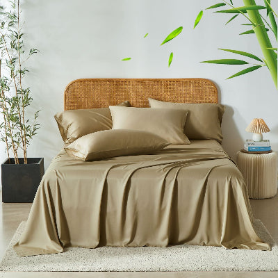 Parure de lit bamboo marron gris plante table chevet