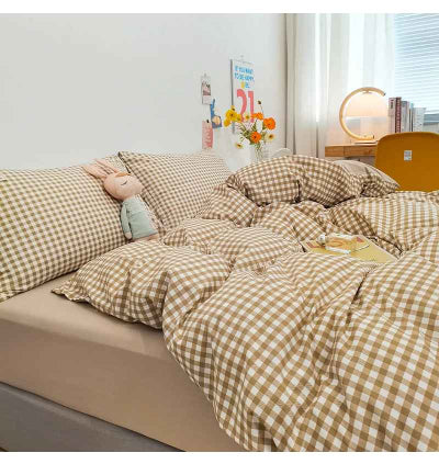Parure de lit enfant carreaux café vue côté