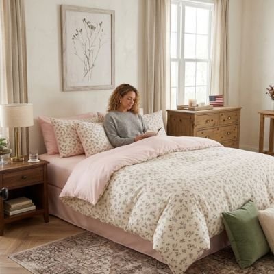 Parure de lit floral femme assise lecture lit