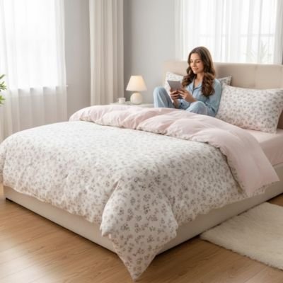 Parure de lit floral femme assise lit tablette