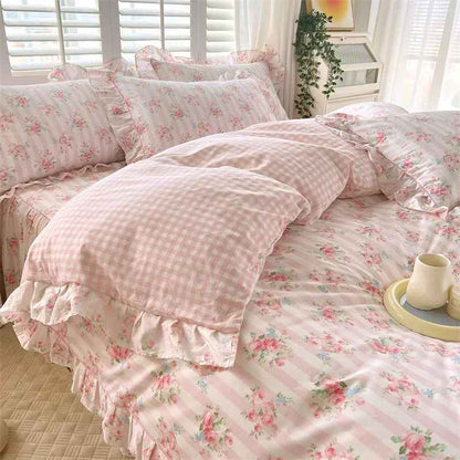 Parure de lit rose floral volant princesse