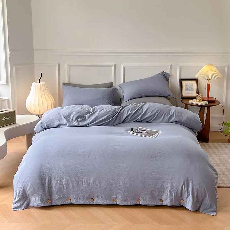 Parure lit housse et taies avec boutons coton bleu