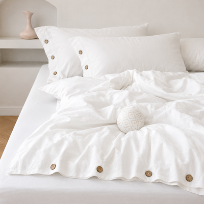 Parure lit gros plan housse boutons balle taies oreillers