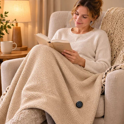 Petite couverture chauffante femme assise avec un livre