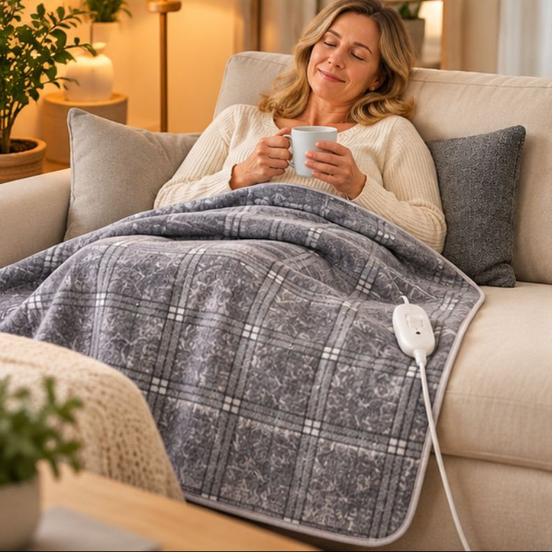 Petite couverture chauffante grise femme confortable tenant tasse