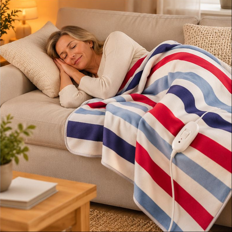 Petite couverture chauffante rayée femme couchée sur fauteuil