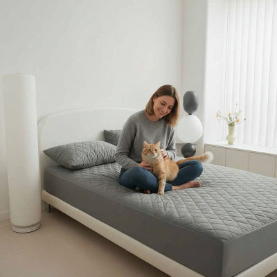 Protege matelas 140 x 200 dame assise caressant chat