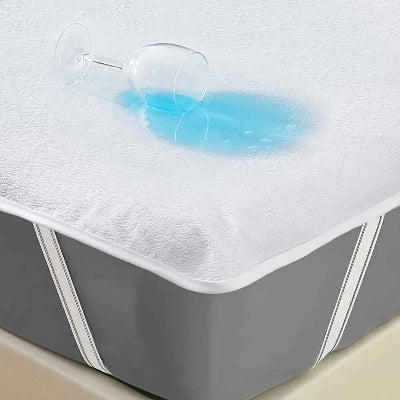 Potège matelas imperméable blanc coupe liquide bleu renversé lit