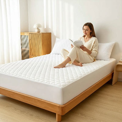 Protège matelas imperméable blanc femme assise livre mains