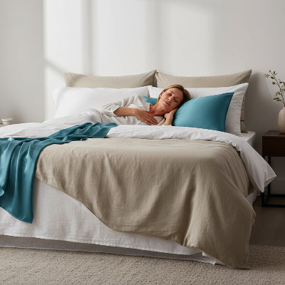 Taie d'oreiller en satin bleu femme couchée apaisée