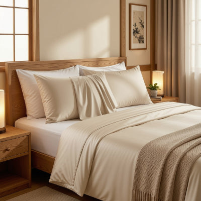 Taie d'oreiller en soie champagne lumineux sur lit