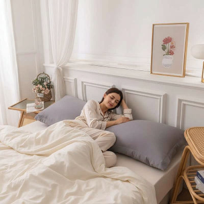 Taie d oreiller traversin gris femme couchée côté sur lit