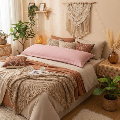 Taie d oreiller traversin rose sur lit décor bohème