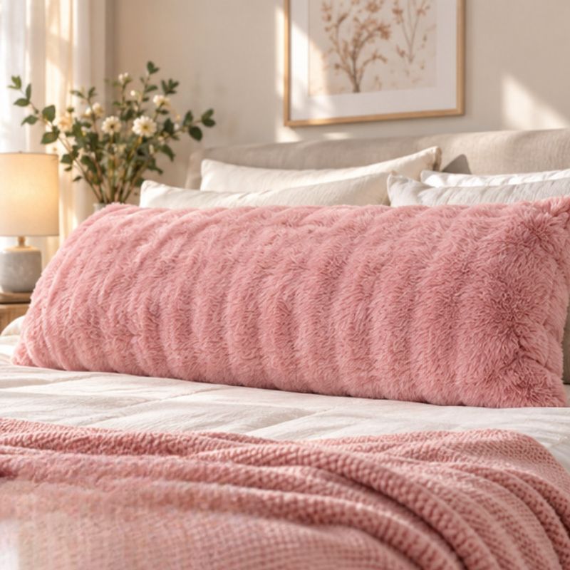 Taie d'oreiller double fausse fourrure rose