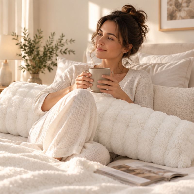 Taie d'oreiller double femme assise tenant tasse 