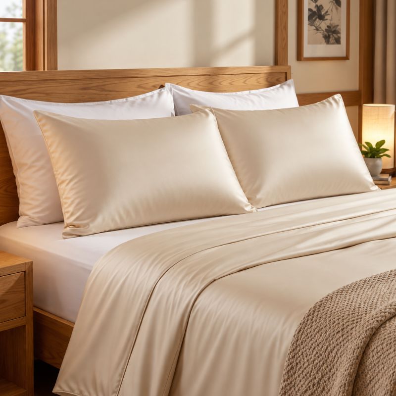 Taie-d'oreiller en soie champagne lumineux sur lit