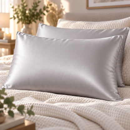 Taie d'oreiller en soie gris argent apaisant sur lit