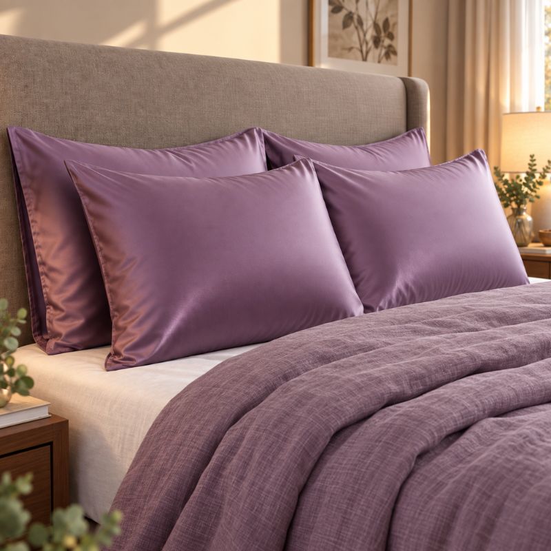 Taie d'oreiller en soie violet délicat sur lit