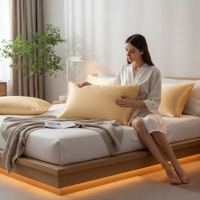 Taies d oreiller en satin chameau femme assise oreiller mains