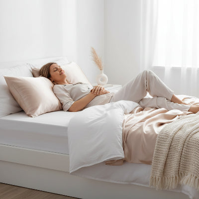 Taies d oreiller en satin champagne femme allongée assoupie