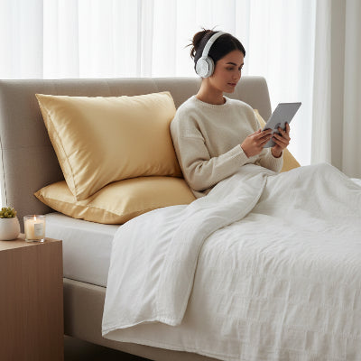 Taies d oreiller en satin femme tablette mains