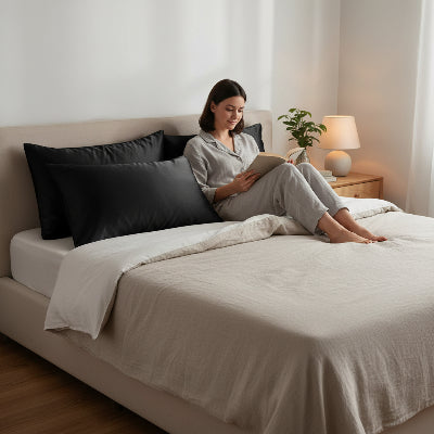 Taies d oreiller en satin noir femme lecture au lit