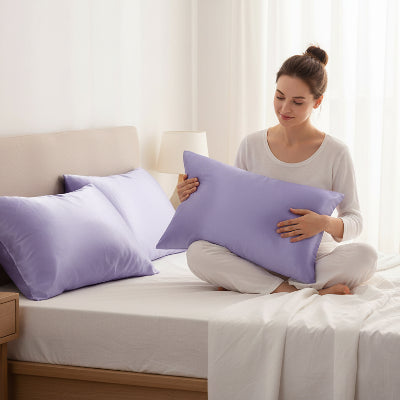 Taies d oreiller en satin violet femme assise oreiller mains