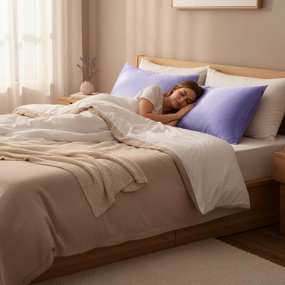Taies d oreiller en satin violet femme assoupie lit