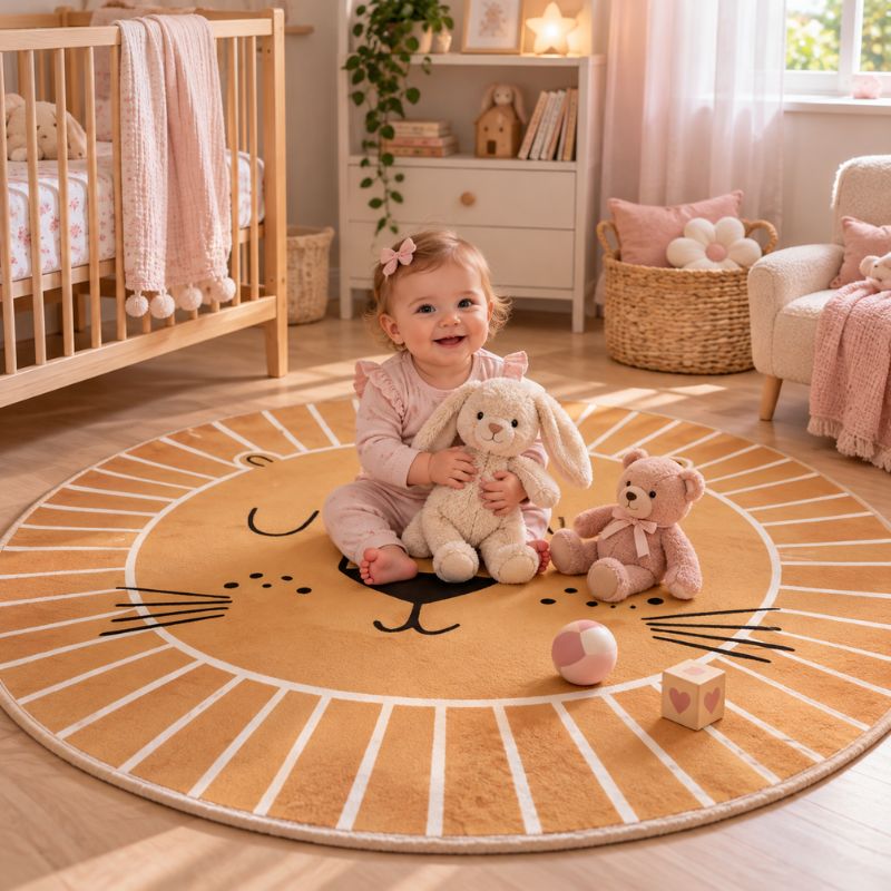 Tapis chambre bébé lion fillette souriante assise avec peluches