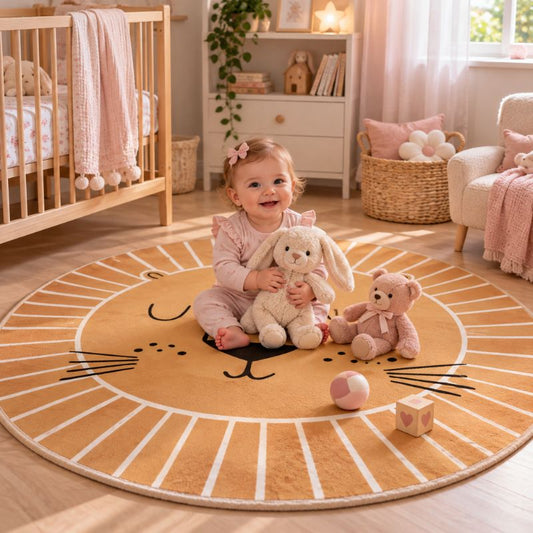 Tapis chambre bébé lion fillette souriante assise avec peluches