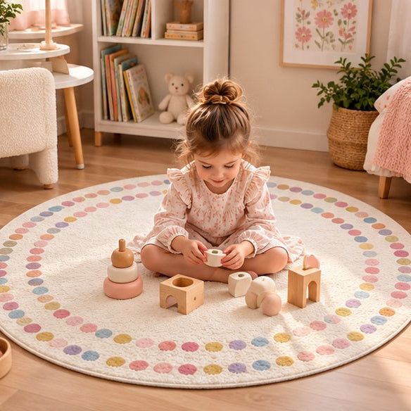 Tapis chambre fille fillette assise jouant avec blocs