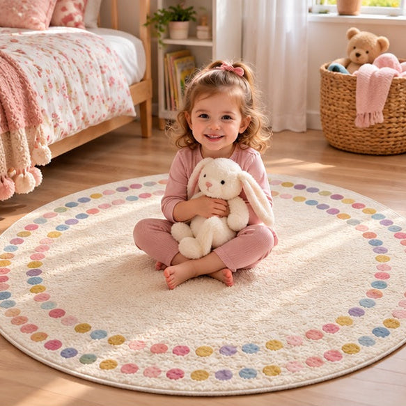 Tapis chambre fille fillette assise tenant peluche lapin blanc