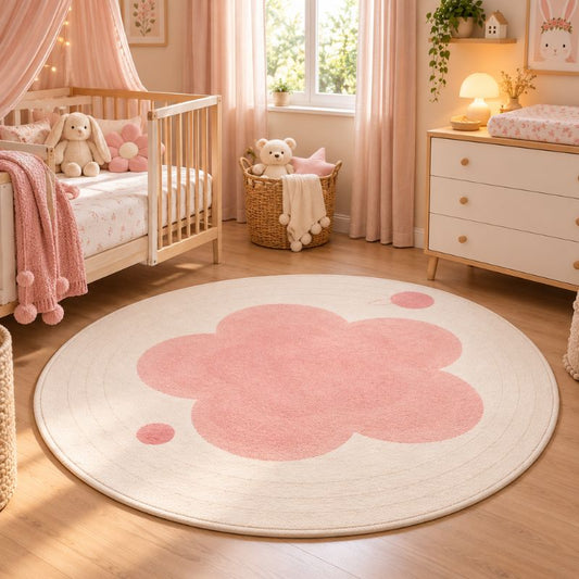 Tapis chambre fille rond rose et crème