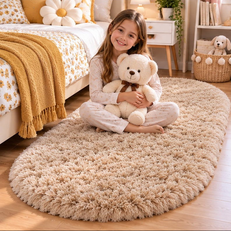 Tapis chambre fille Shaggy camel fillette avec ourson