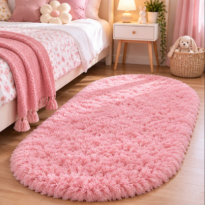 Tapis chambre fille Shaggy rose ovale
