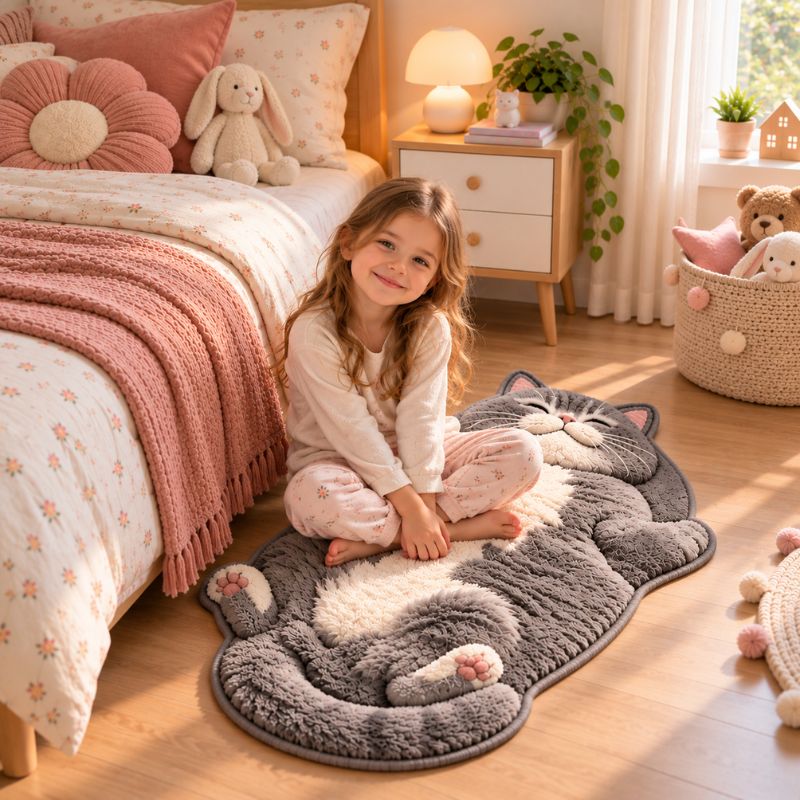 Tapis descente de lit chat fillette souriante